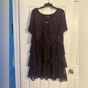 SLNY Shimmering Black and Burgundy Tiered Dress